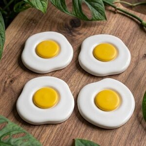 NWT Sunny Side Up Egg Coaster Set - White & Yellow -Set of 4